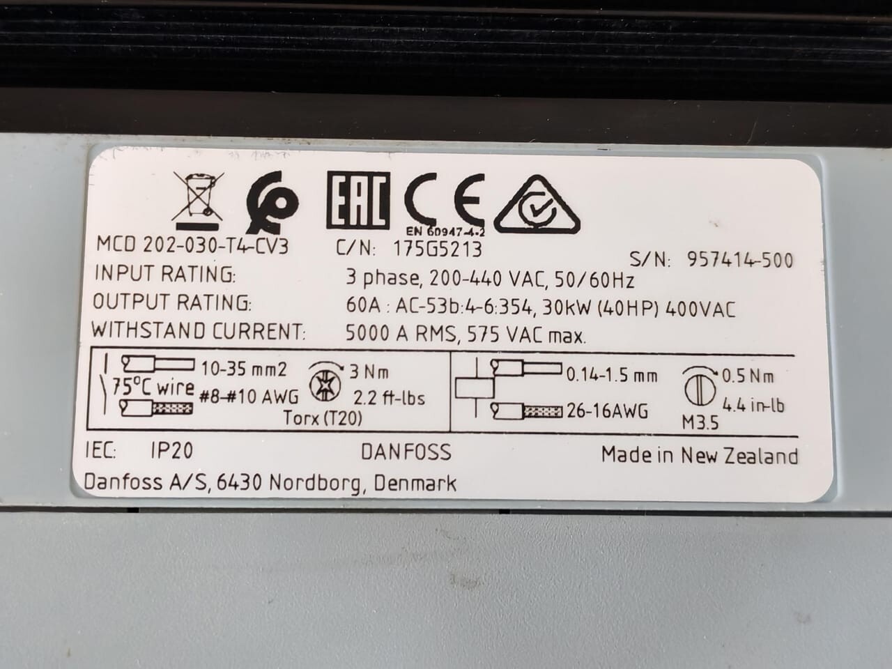Danfoss 175G5213 DANFOSS MCD 202-030-T4-CV3 175G5213 3PHASE 200-440VAC 50/60Hz 5