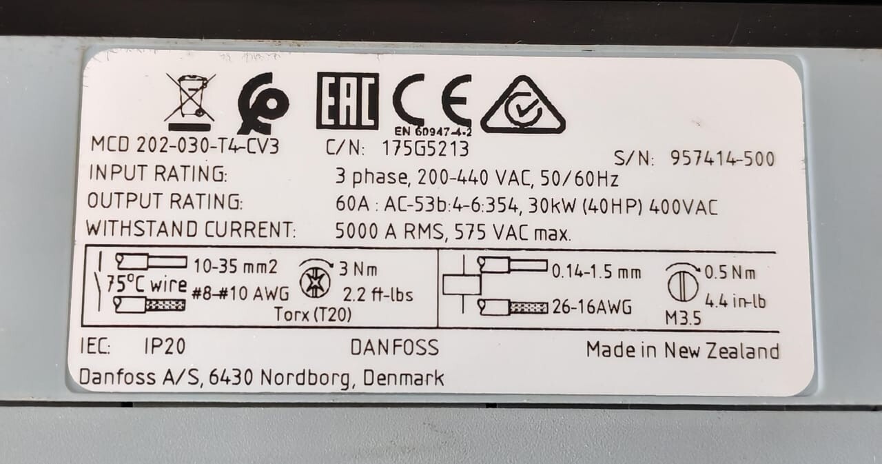 Danfoss 175G5213 DANFOSS MCD 202-030-T4-CV3 175G5213 3PHASE 200-440VAC 50/60Hz 8