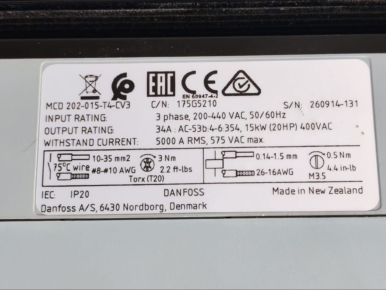 DANFOSS 175G5210 DANFOSS MCD 202-015-T4-CV3 COMPACT SOFT STARTER 175G5210 5