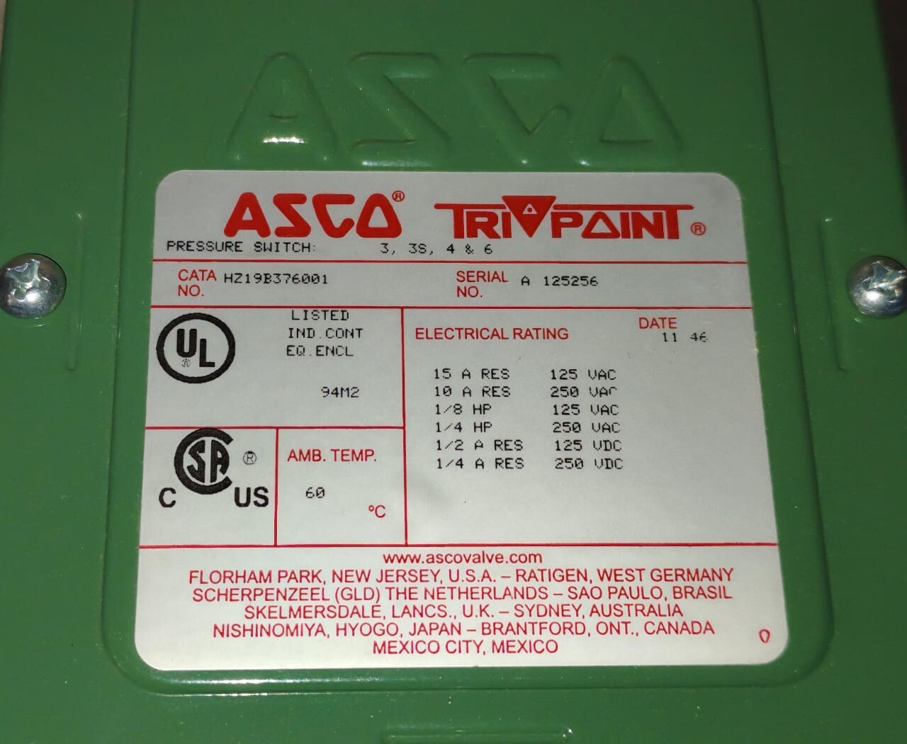 ASCO HZ19B376001 ASCO TRIPOINT HZ19B376001 PRESSURE SWITCH- W/O ORIGINAL BOX 7