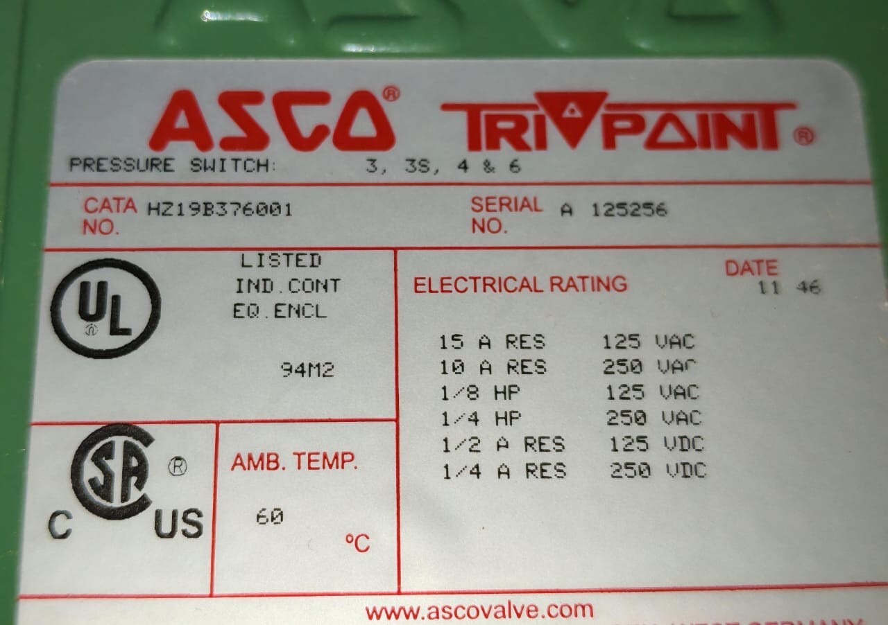 ASCO HZ19B376001 ASCO TRIPOINT HZ19B376001 PRESSURE SWITCH- W/O ORIGINAL BOX 8