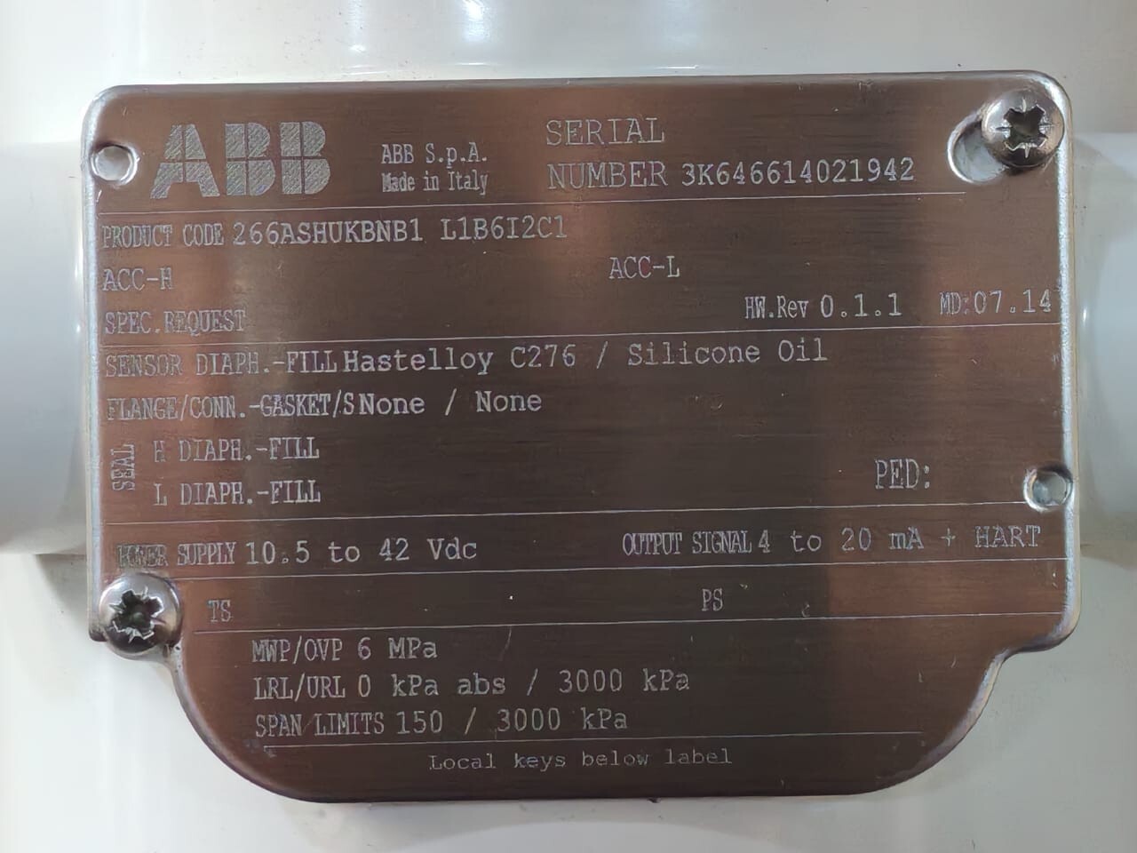 ABB L1B6I2C1 ABB 266ASHUKBNB1 L1B6I2C1 Pressure Transmitter 2600T Series 3