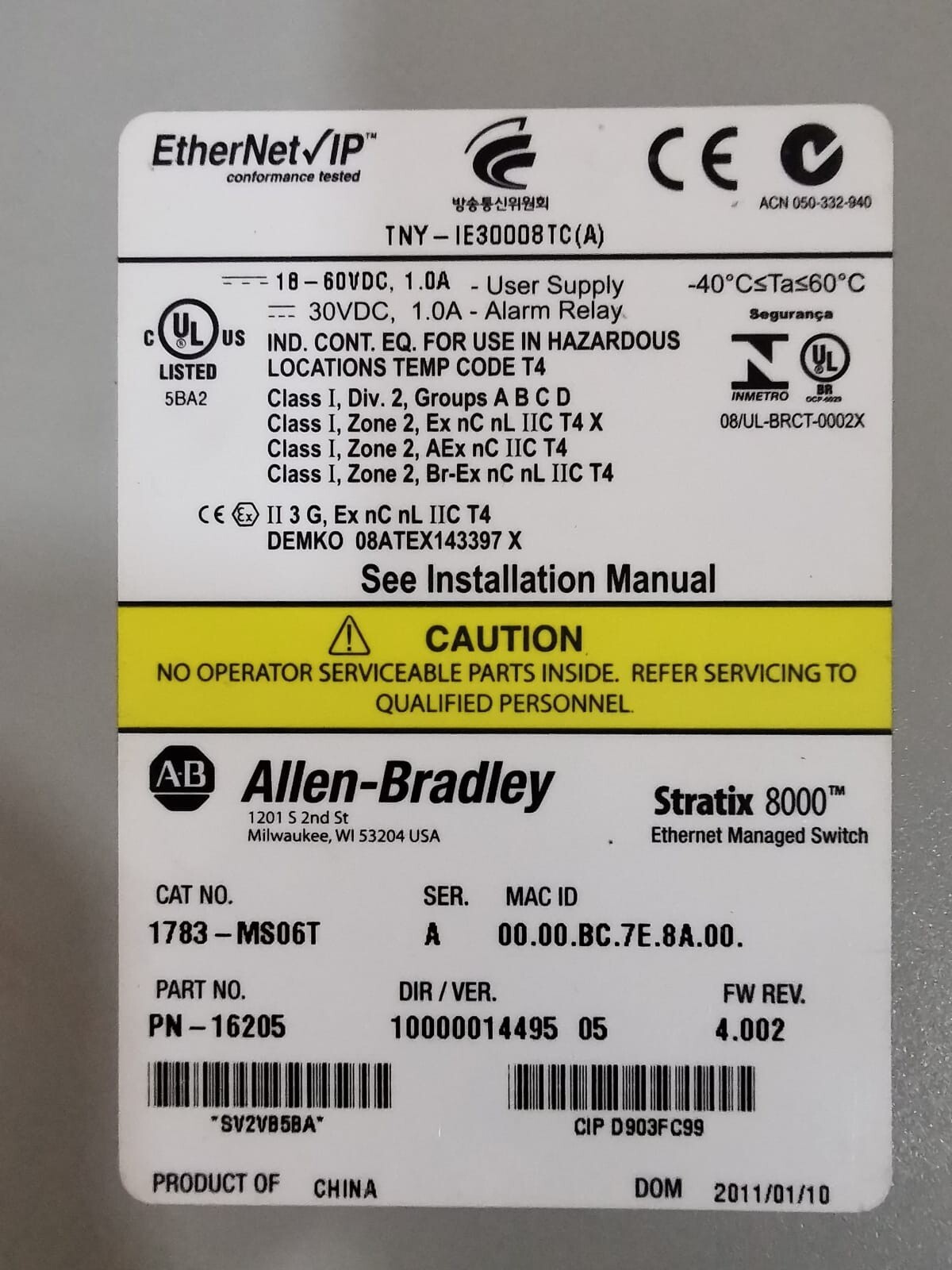 Allen Bradley 1783-MS06T / PN-16205 Allen Bradley STRATIX 8000 Ethernet Managed Switch 1783-MS06T / PN-16205 3