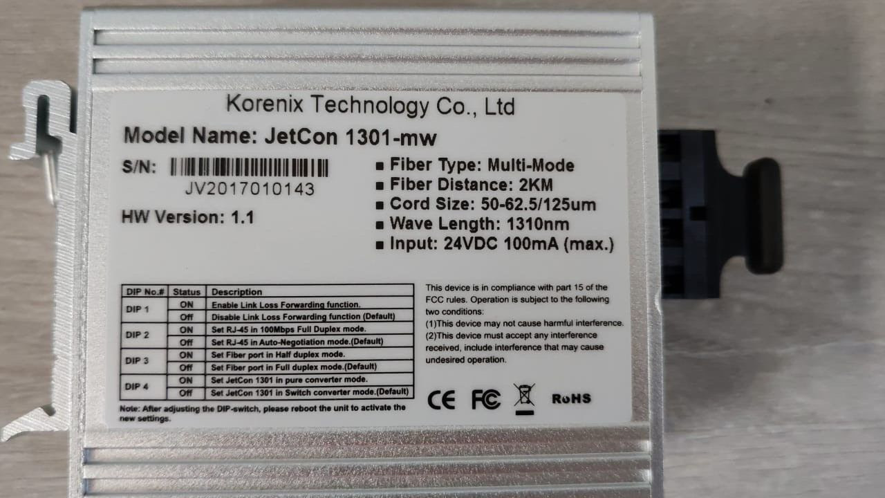 Korenix 1301-mw Korenix JetCon 1301-mw Converter, Fast Ethernet to Fibre Optic Ver: 1.1 3