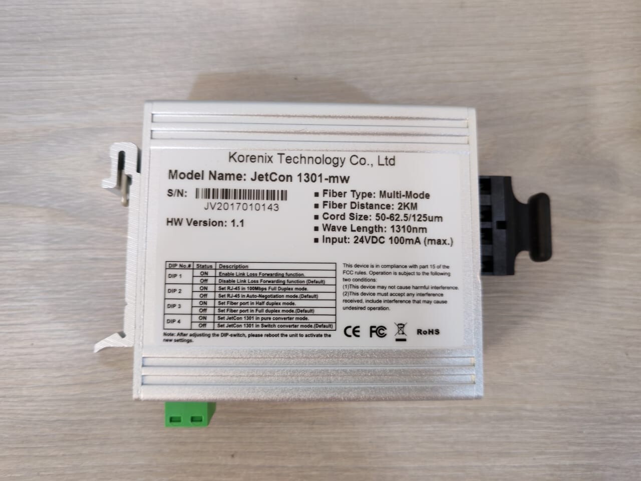 Korenix 1301-mw Korenix JetCon 1301-mw Converter, Fast Ethernet to Fibre Optic Ver: 1.1 4