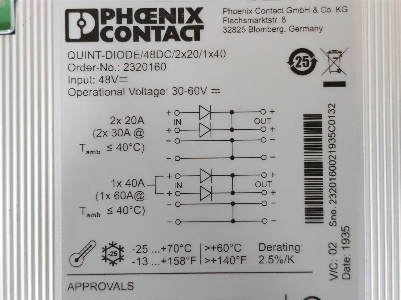Phoenix Contact QUINT-DIODE/48DC/2x20/1x4 Phoenix Contact QUINT-DIODE/48DC/2x20/1x40 DIN Rail Diode Module 2320160 4