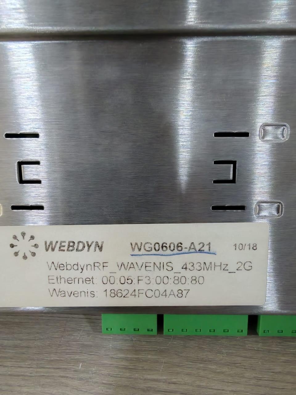 WEBDYN WG0606-A21 WEBDYN WG0606-A21 WAVENIS_433MHz_2G / 18624FCO4A87 ETHERNET: 00:05:F3:00:80:80 6