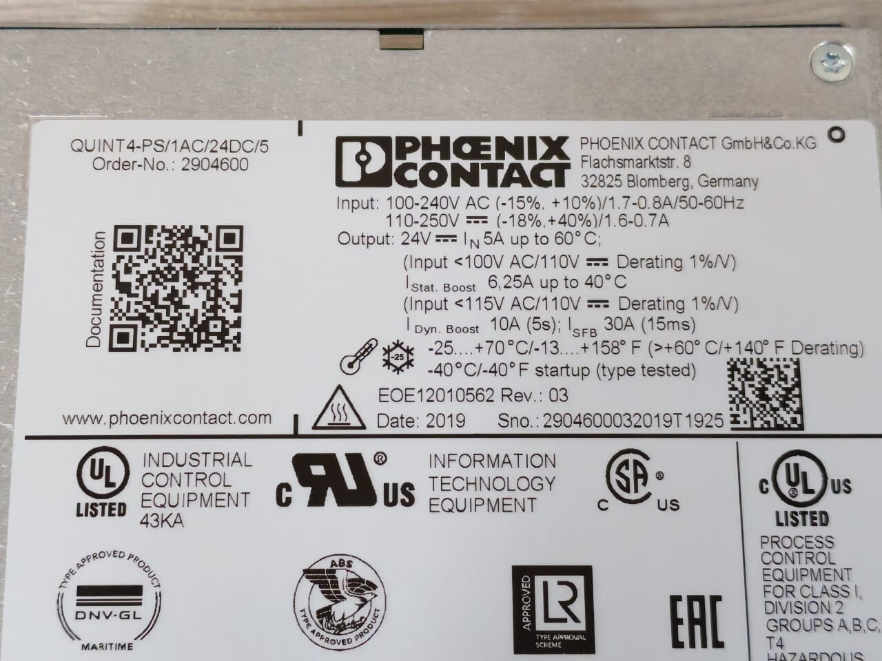 Phoenix Contact QUINT4-PS/1AC/24DC/5 Phoenix Contact QUINT4-PS/1AC/24DC/5 Power Supply 2904600 3