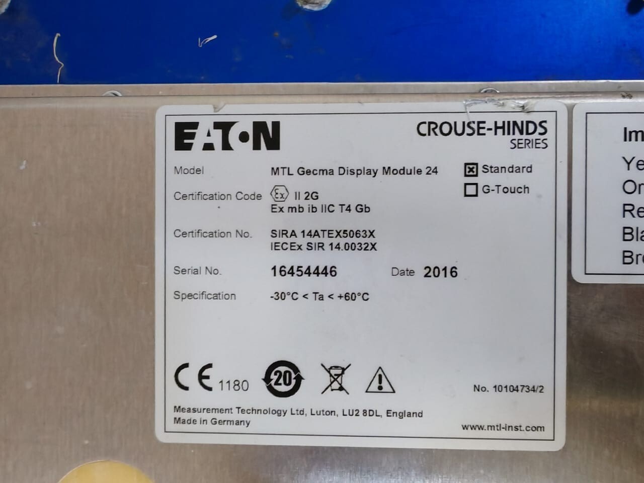 Eaton SIRA 14ATEX5063X EATON MTL GECMA DISPLAY MODULE 24'' SIRA 14ATEX5063X CROUSE-HINDS SERIES -PARTS 2