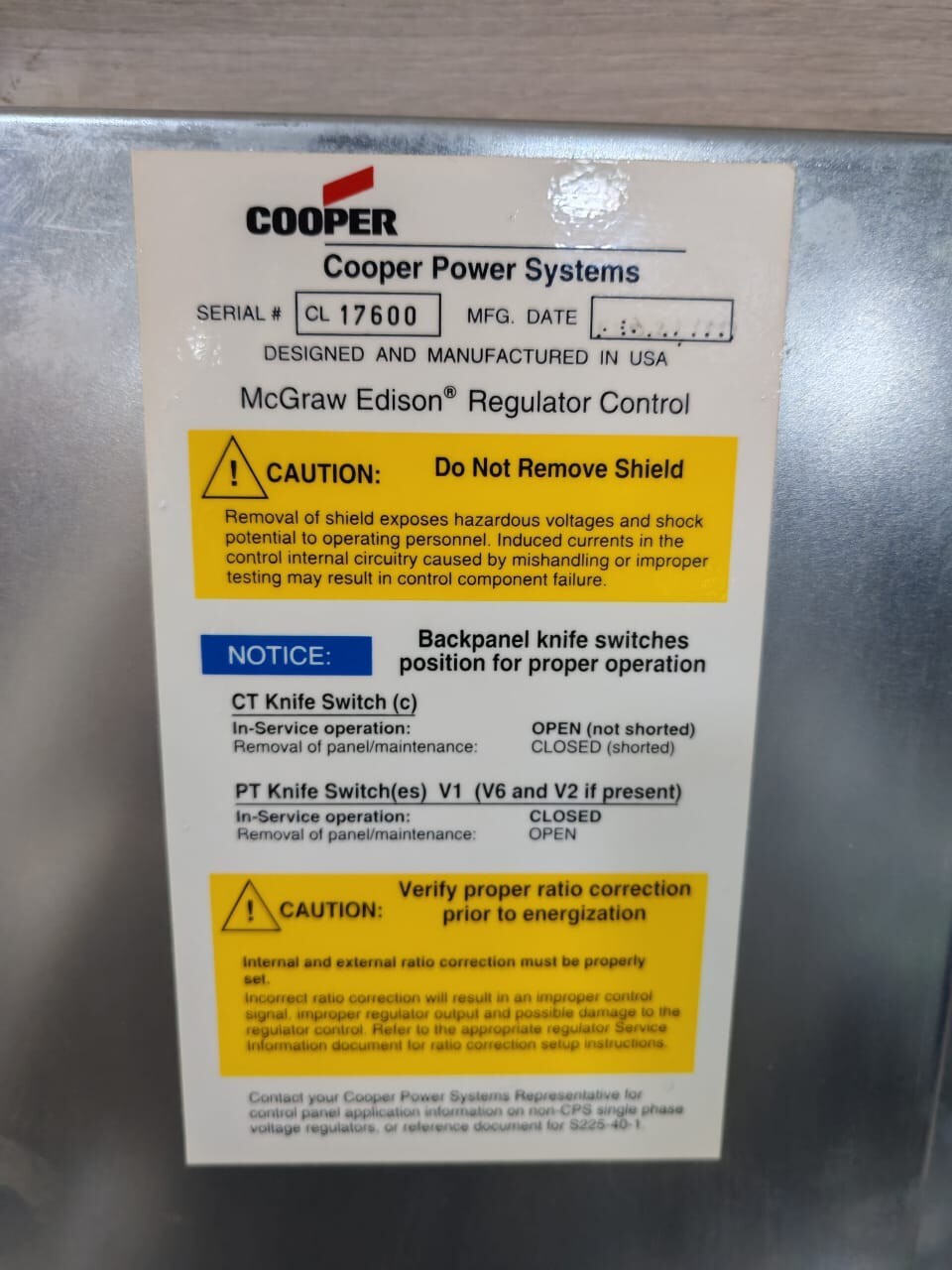 Cooper CL-4C COOPER POWER SYSTEMS MCGRAW-EDISON CL-4C REGULATOR CONTROL 10