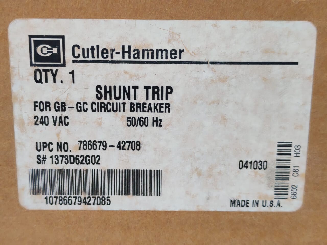 Eaton CUTLER-HAMMER CUTLER-HAMMER 1373D62G02 SHUNT TRIP FOR GB-GC CIRCUIT BREAKER 240VAC 50/60Hz 7