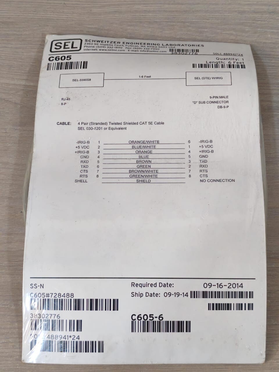 SCHWITZER ENGINEERING C605 / C605-6 SEL SCHWITZER ENGINEERING LABORATORIES C605 / C605-6 6FEET 9-PIN MALE CONNECTOR 3