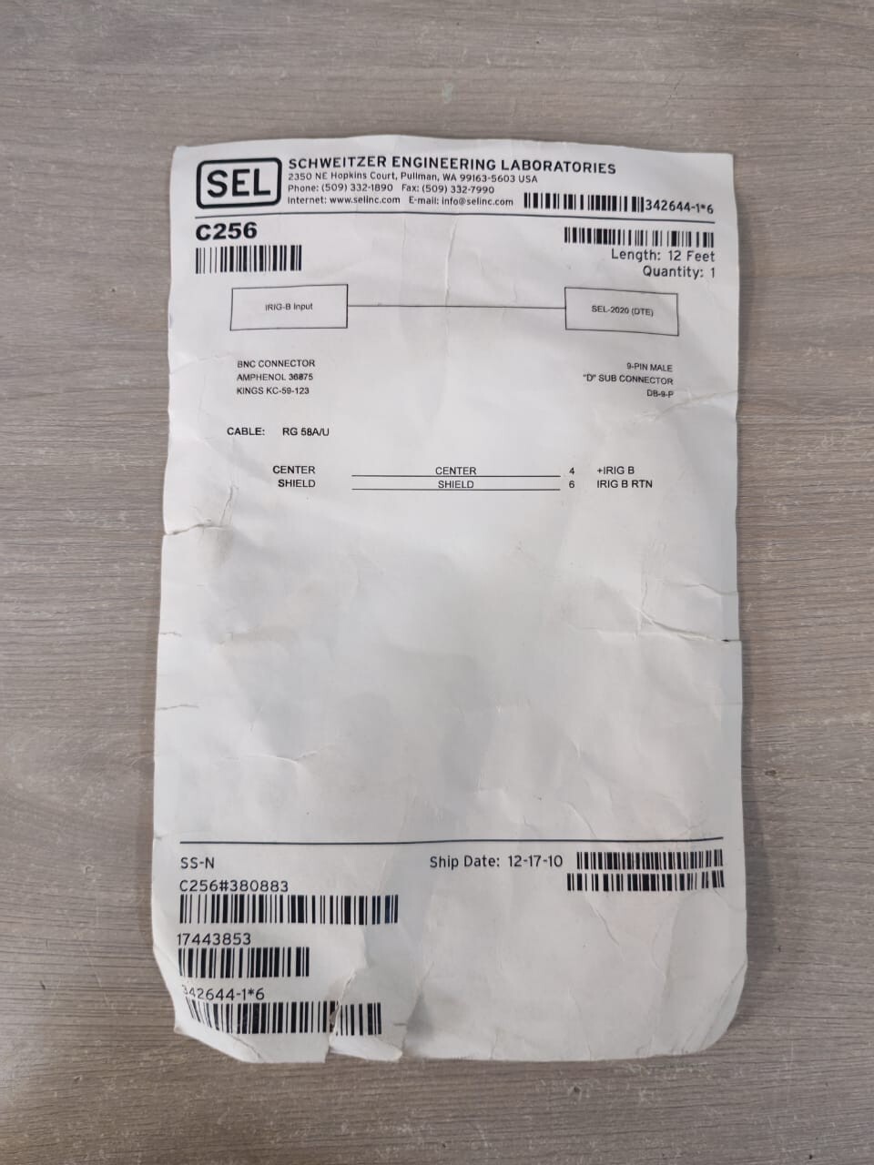 SCHWEITZER ENGINEERING LABORATORIES SEL C256 SEL C256 SCHWEITZER ENGINEERING LABORATORIES 12 Feet 6