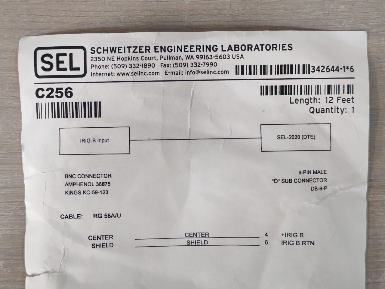 SCHWEITZER ENGINEERING LABORATORIES SEL C256 SEL C256 SCHWEITZER ENGINEERING LABORATORIES 12 Feet 7