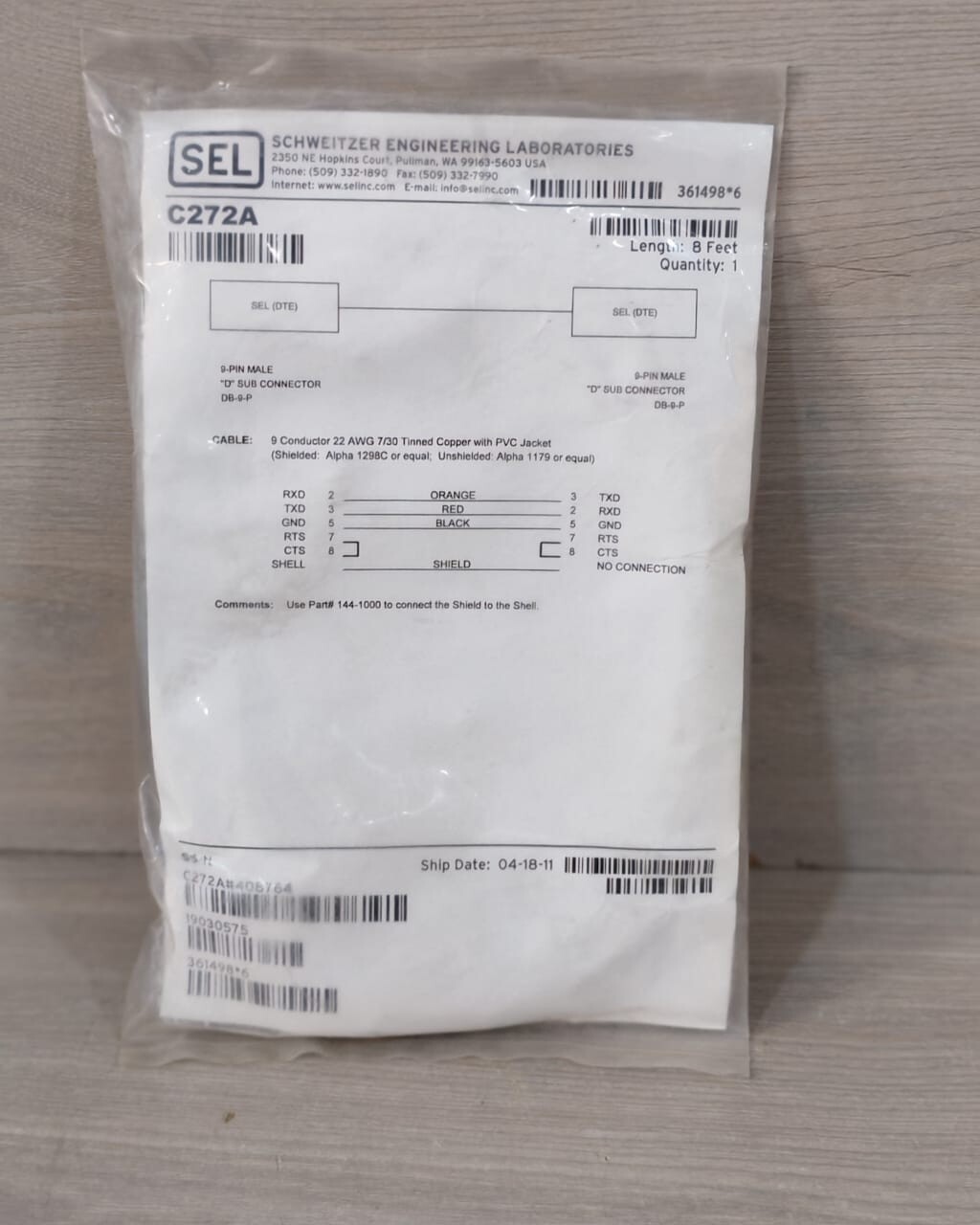 SCHWEITZER ENGINEERING LABORATORIES C256, C272A SEL SCHWEITZER ENGINEERING LABORATORIES C272A 9-PIN MALE CONNECTOR 8 FEET 2