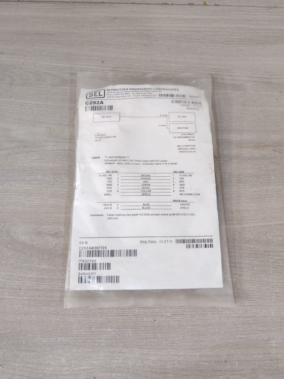 SCHWEITZER ENGINEERING LABORATORIES C292A SEL SCHWEITZER ENGINEERING LABORATORIES C292A 9-PIN MALE CONNECTOR 2 FEET 6