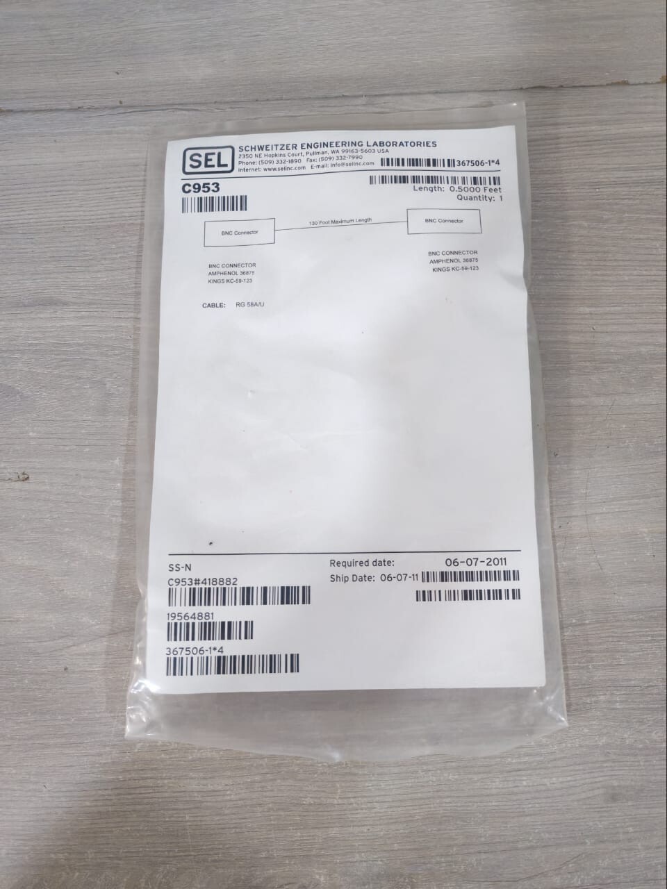 SEL RG 58A/U SEL C953 BNC CONNECTOR RG 58A/U 0.5000 FEET 2