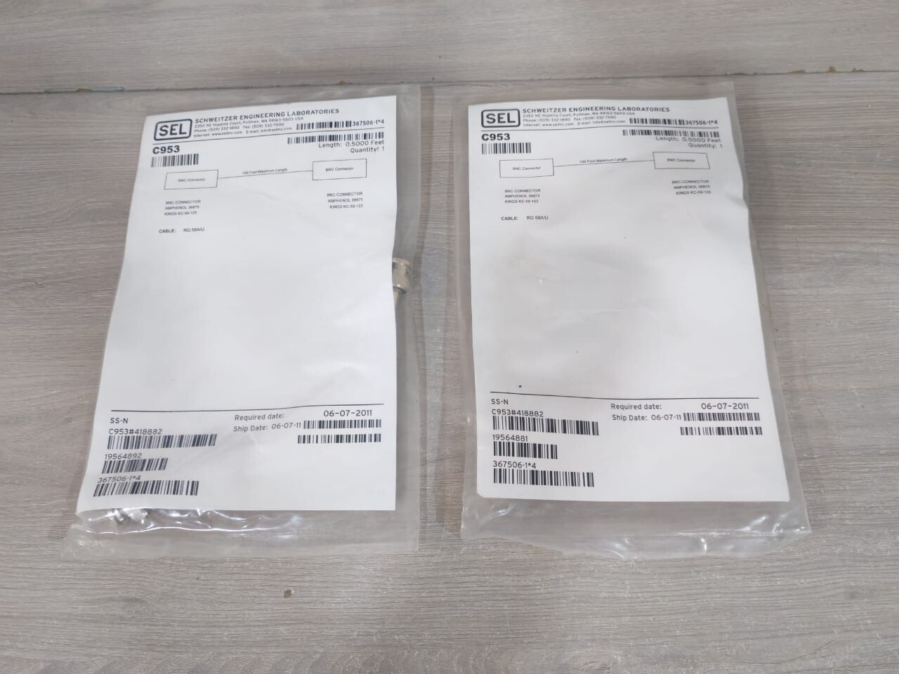 SEL C953 BNC CONNECTOR RG 58A/U 0.5000 FEET