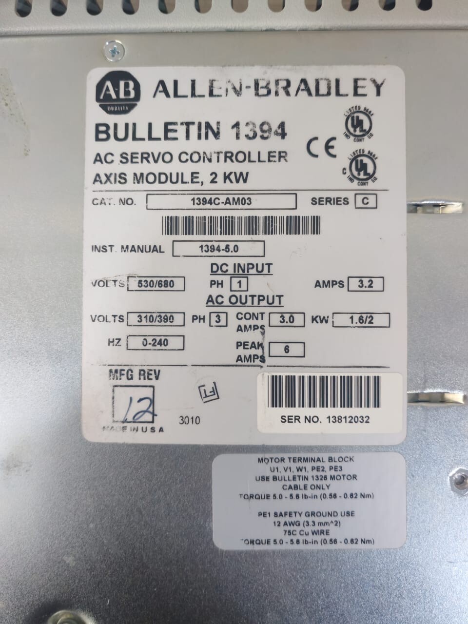 Allen-Bradley 1394C-AM03 ALLEN-BRADLEY BULLETIN 1394 AC SERVO CONTROLLER AXIS MODULE 2KW 1394C-AM03 2
