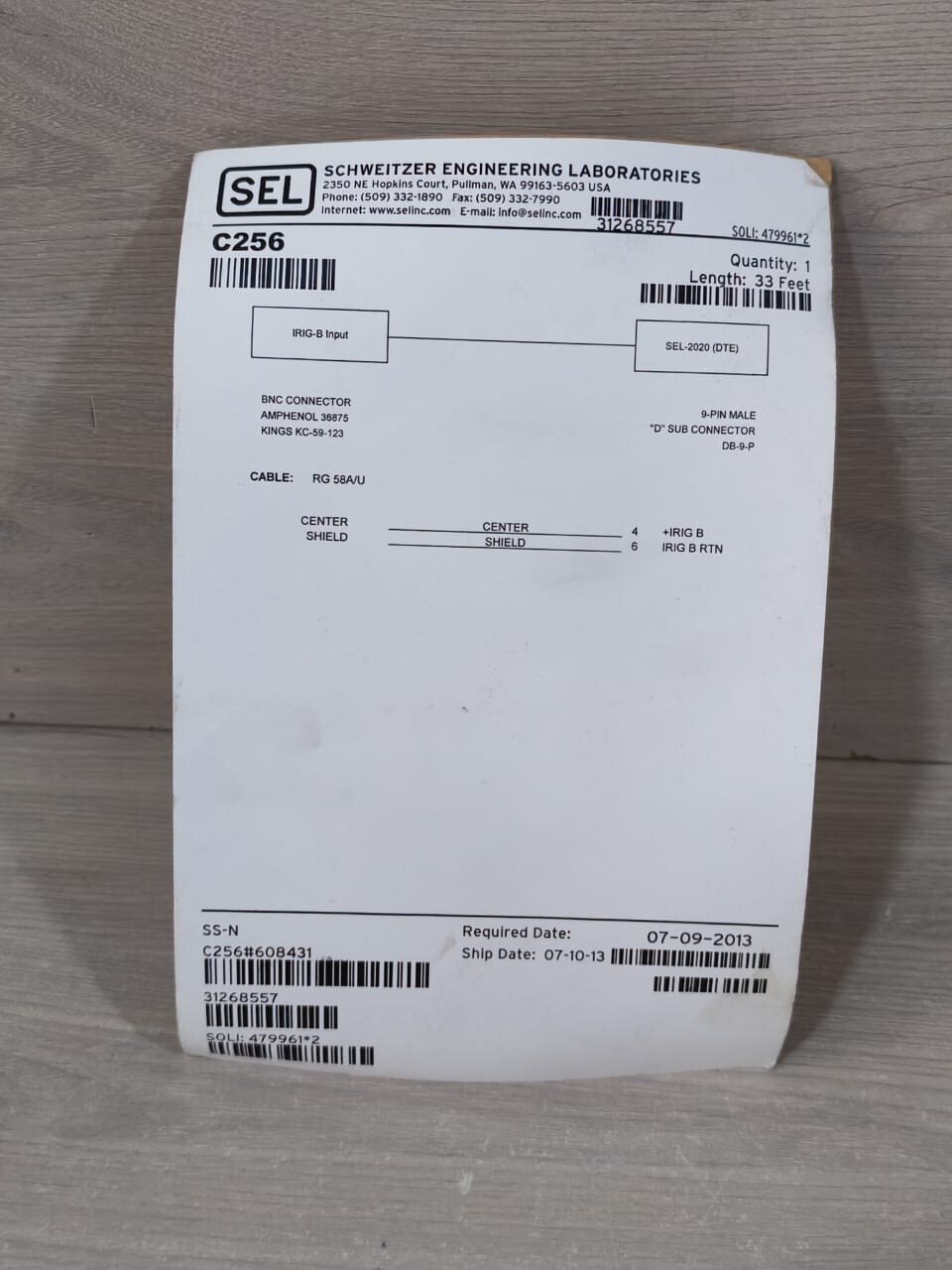SEL RG 58A/U SEL C256 RG 58A/U 9-PIN MALE BNC CONNECTOR 33 FEET 2
