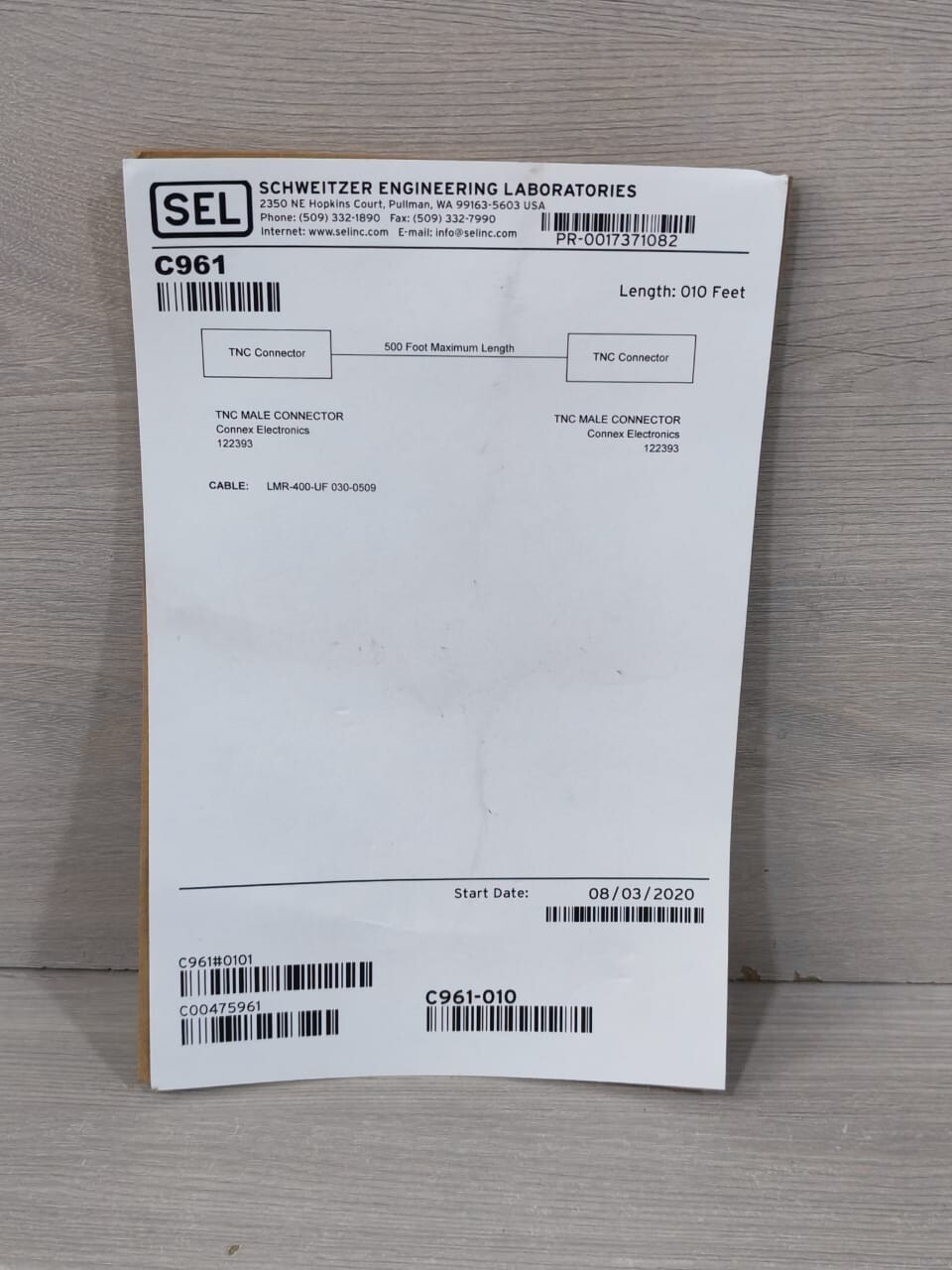 SEL C961 SEL C961 TNC MALE CONNECTOR LMR-400-UF 030-0509 010 FEET 2