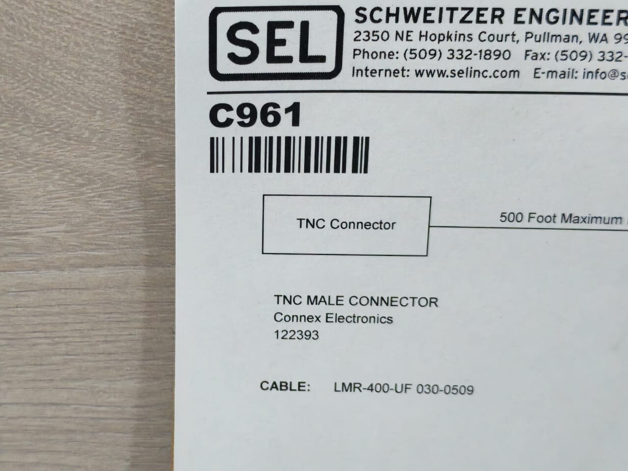SEL C961 SEL C961 TNC MALE CONNECTOR LMR-400-UF 030-0509 010 FEET 3