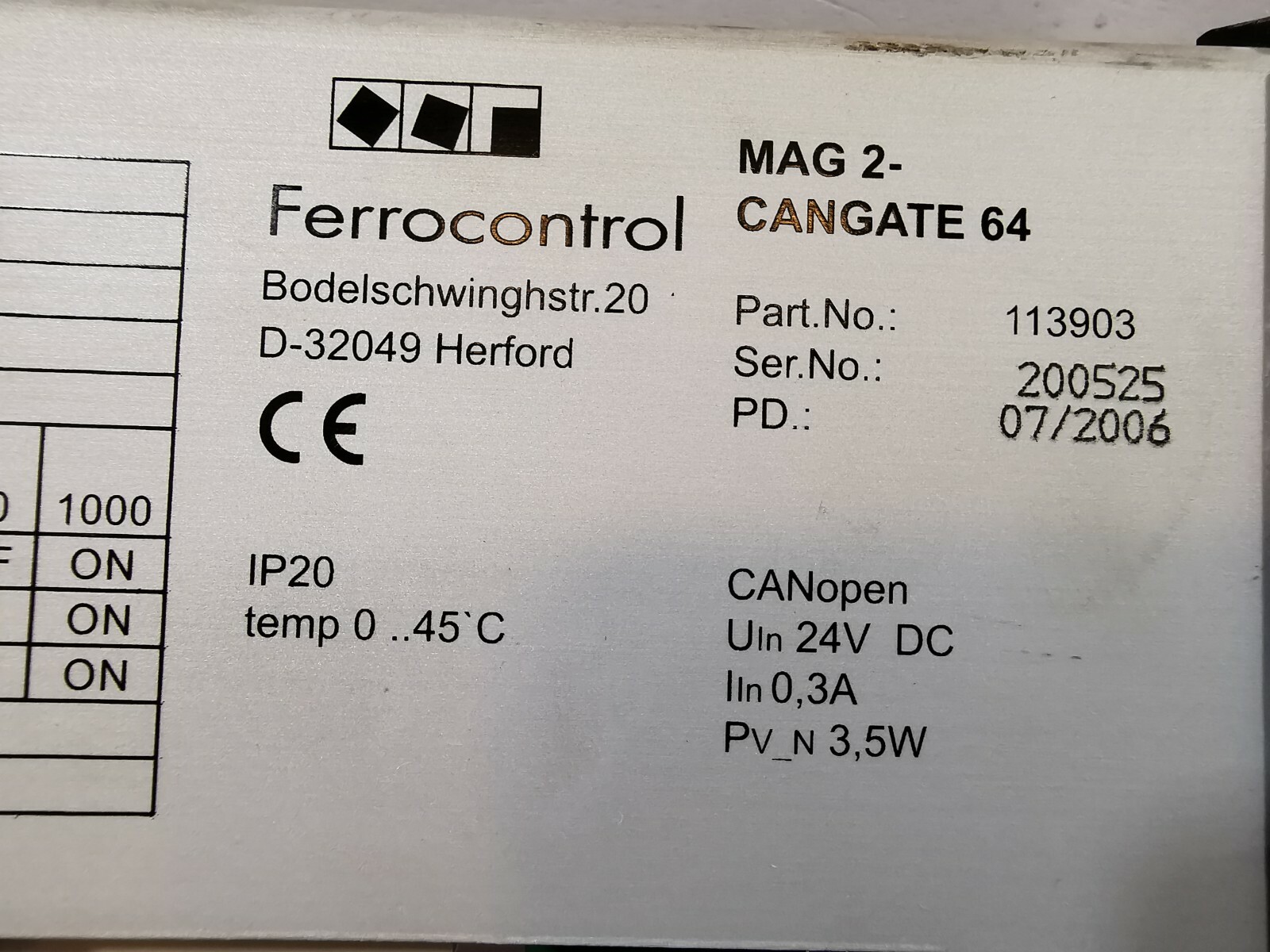 Ferrocontrol 113930 Ferrocontrol MAG 2-CANGATE 64 HENFORD D-32049 PART NO: 113930 4