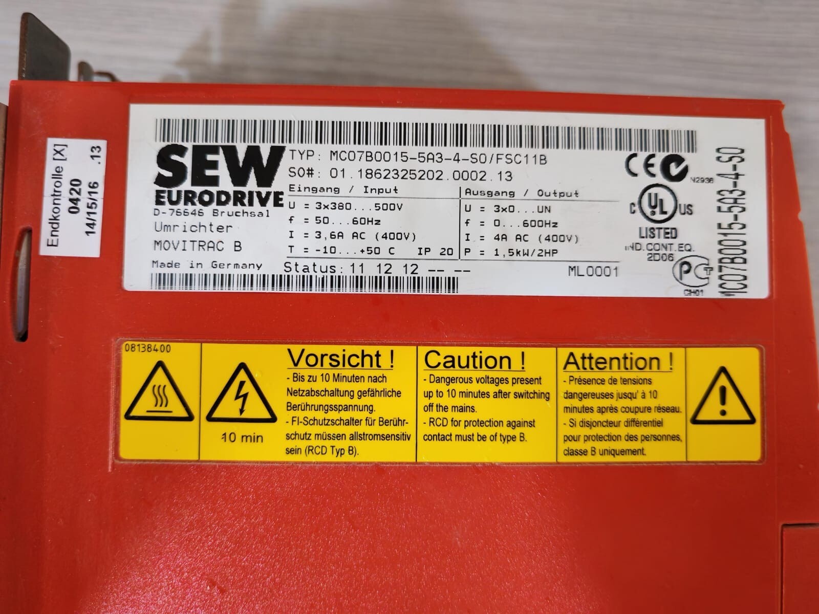 SEW Eurodrive MC07B0015-5A3-4-S0 SEW EURODRIVE MC07B0015-5A3-4-S0/ FSC11B MOVITRAC B 500V 50/60Hz 8