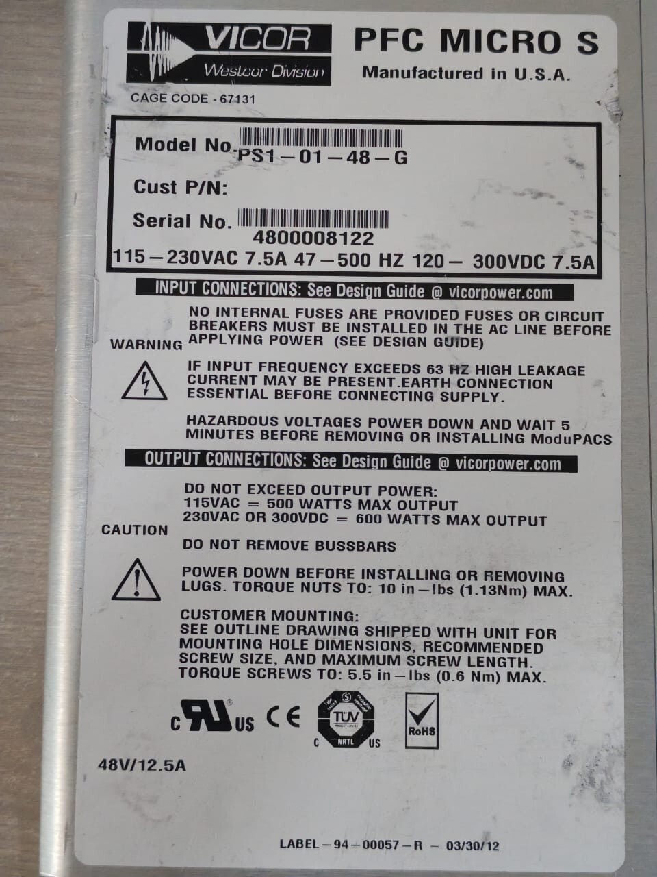 VICOR PS1-01-48-G VICOR PFC MICRO S PS1-01-48-G 10-130112-12 REV A AC/DC CONVERTER 2