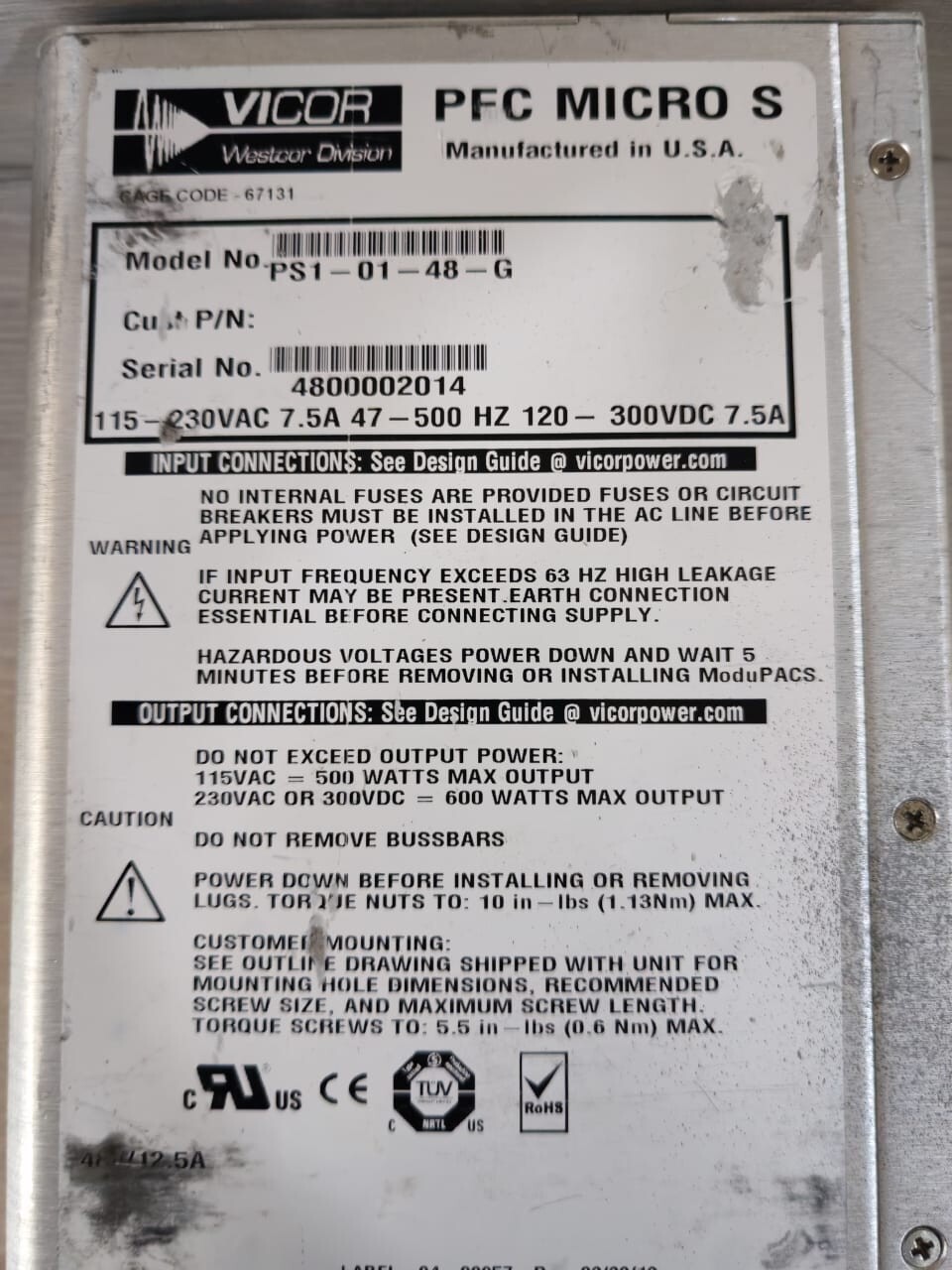 VICOR PS1-01-48-G VICOR PFC MICRO S PS1-01-48-G 10-130112-12 REV C AC/DC CONVERTER 2