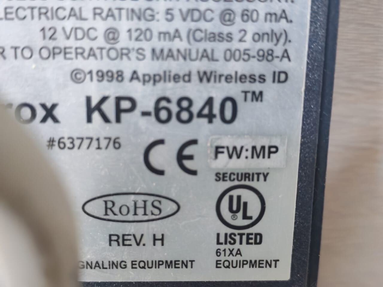 AWID KP-6840 REV H FW:MP AWID SENTINEL-PROX READER KP-6840 REV H FW:MP 7
