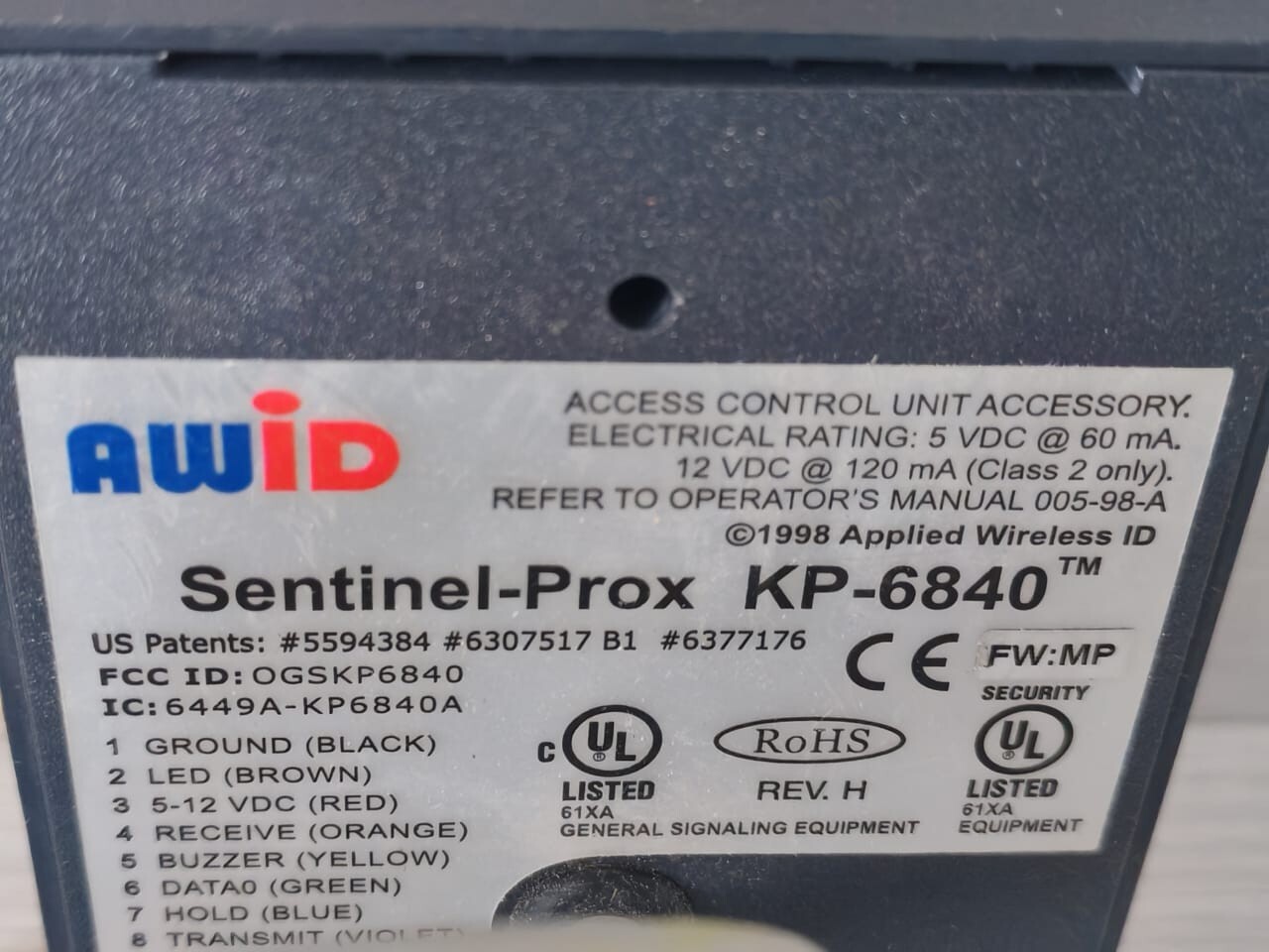 AWID KP-6840 REV H FW:MP AWID SENTINEL-PROX READER KP-6840 REV H FW:MP 8