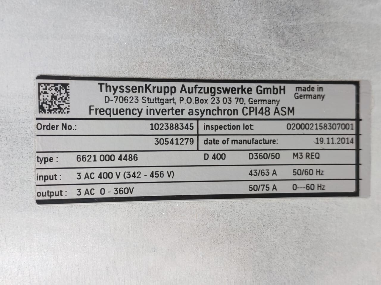 THYSSENKRUPP AUFZUGSWERKE 66210004486 THYSSENKRUPP AUFZUGSWERKE FREQUENCY INVERTER ASYNCHRON CPI48ASM 66210004486 D400 8