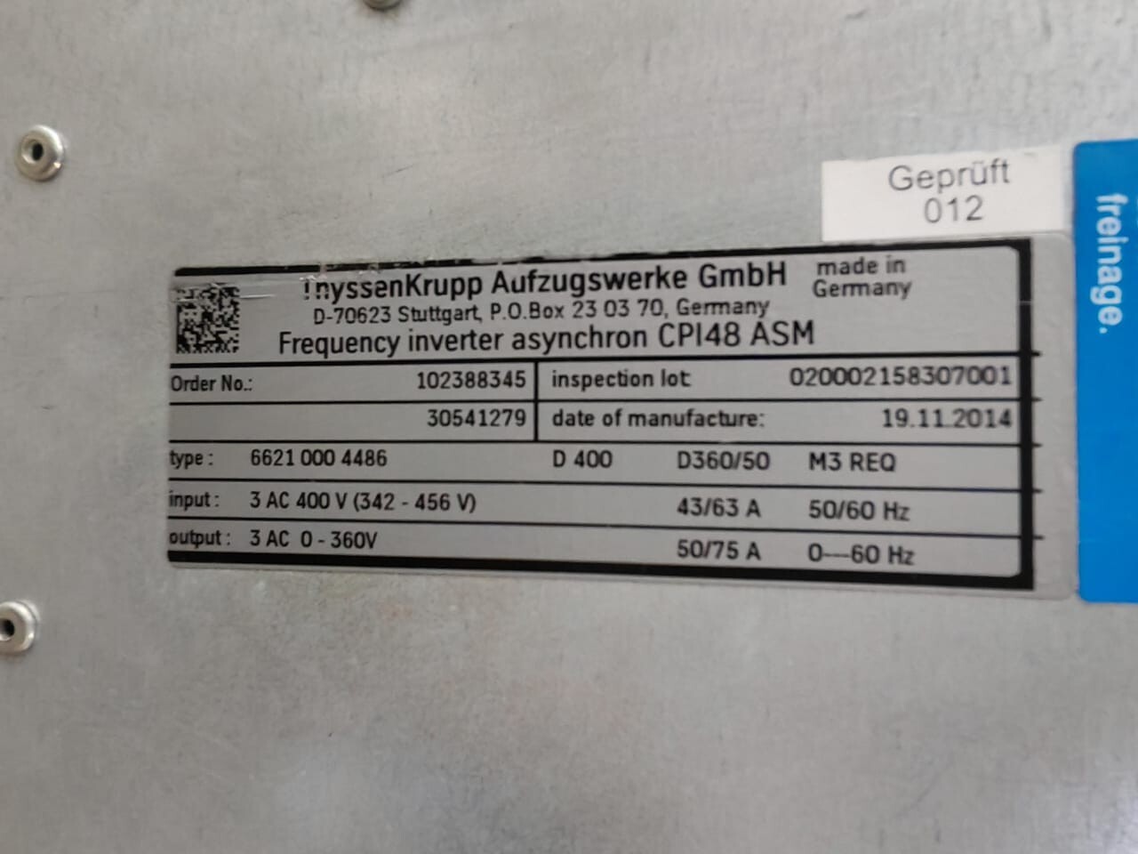 THYSSENKRUPP AUFZUGSWERKE 66210004486 THYSSENKRUPP AUFZUGSWERKE FREQUENCY INVERTER ASYNCHRON CPI48ASM 66210004486 D400 9