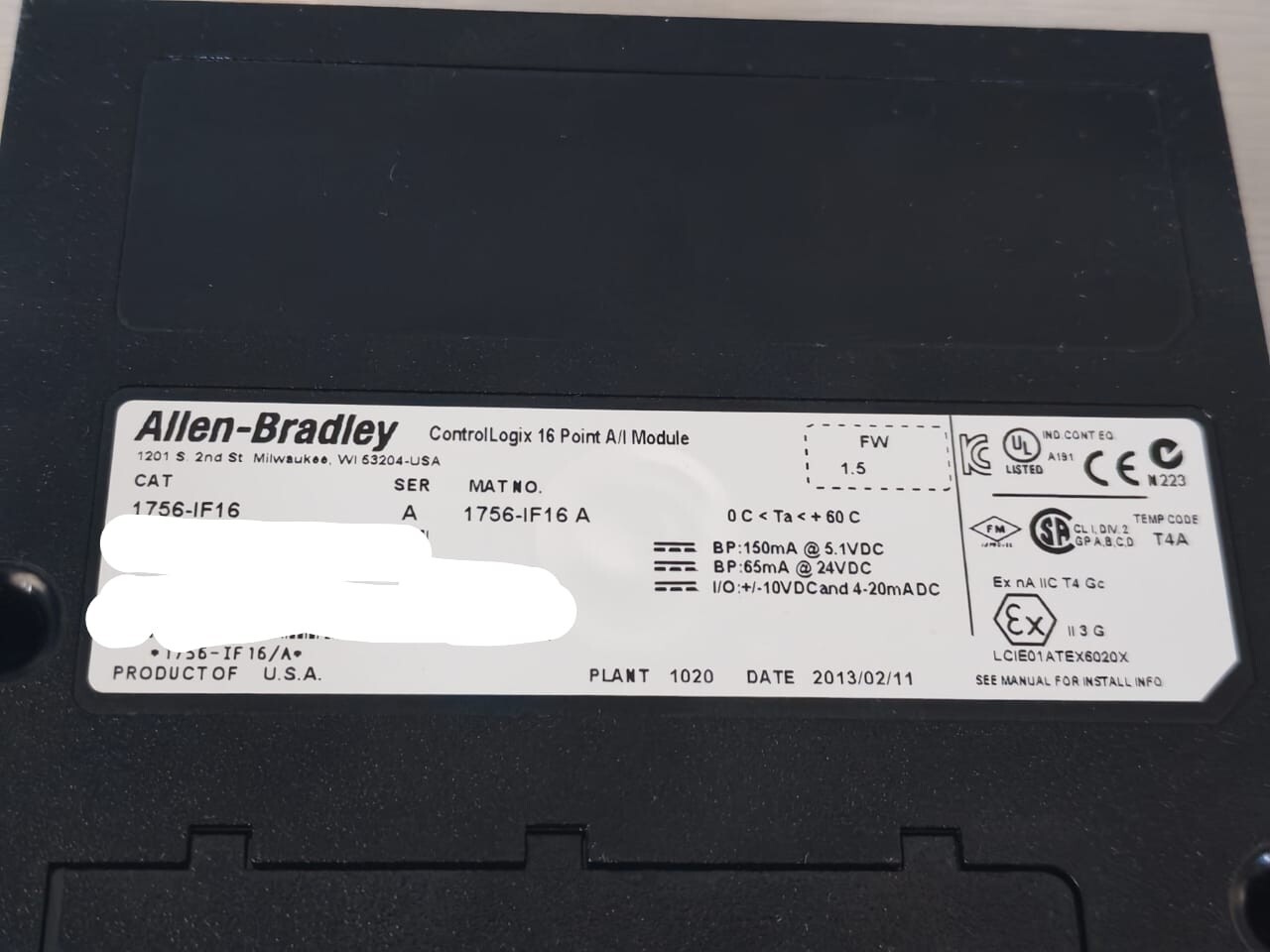 Allen-Bradley 1756-IF16 SER A FW 1.5 ALLEN-BRADLEY 1756-IF16 SER A FW 1.5 CONTROLLOGIX 16 POINT A/I MODULE 8