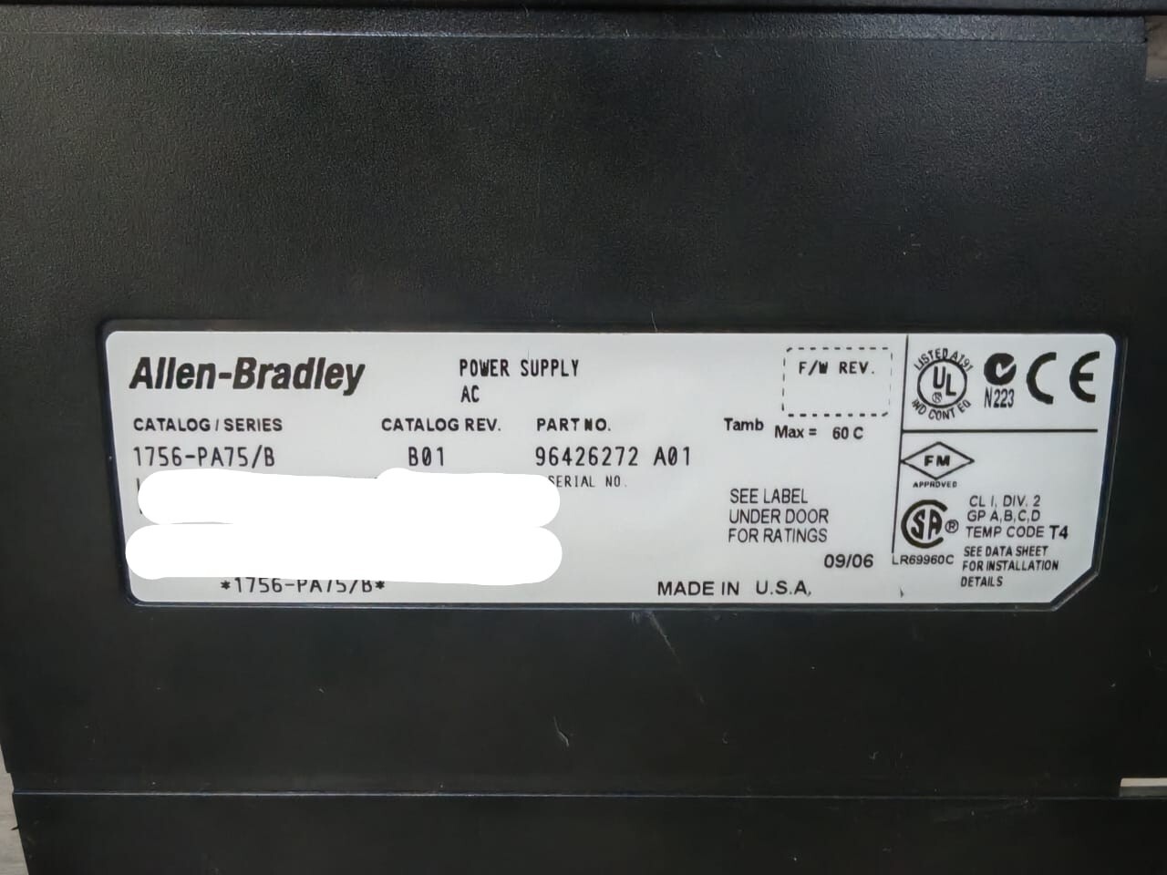 Allen-Bradley P/N 96426272 A01 ALLEN-BRADLEY 1756-PA75/B REV.B01 P/N 96426272 A01 POWER SUPPLY- W/O COVER 8