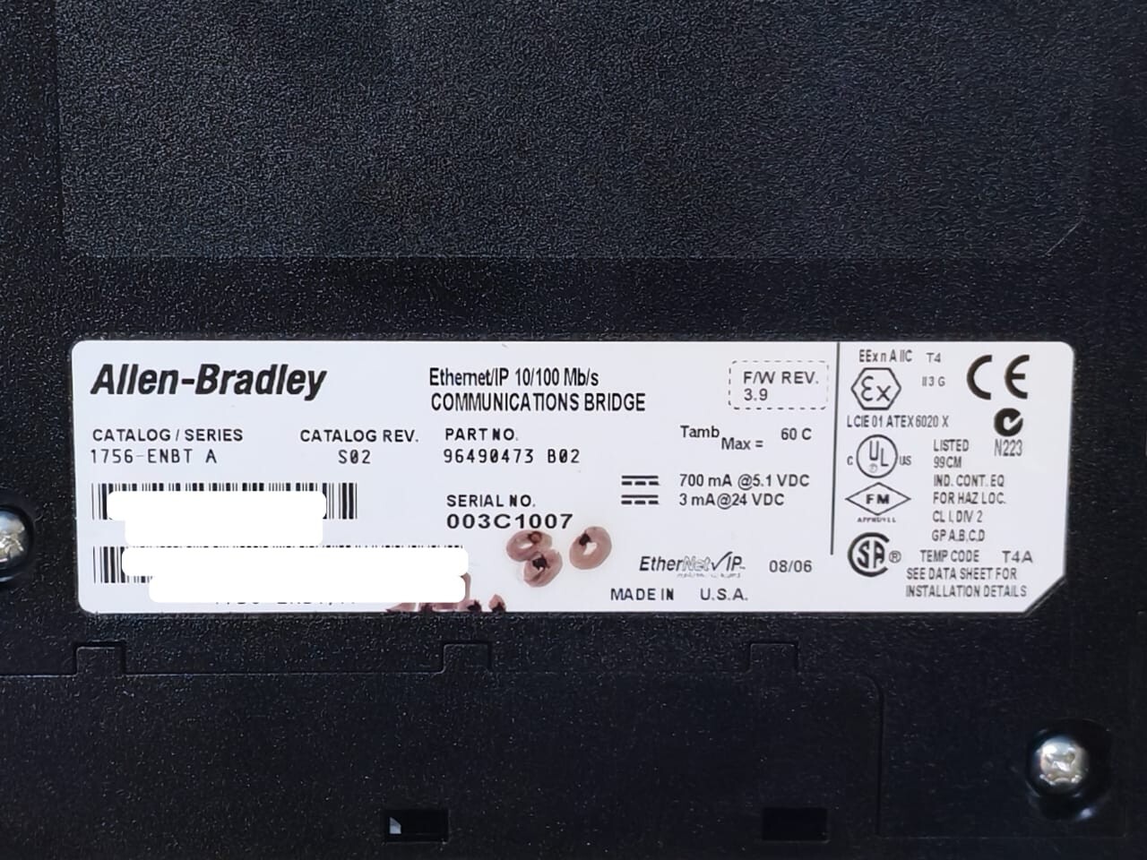 Allen-Bradley 96240676 A01 Allen-Bradley 1756-ENBT A S02 Communications Bridge 96490473 B02 2