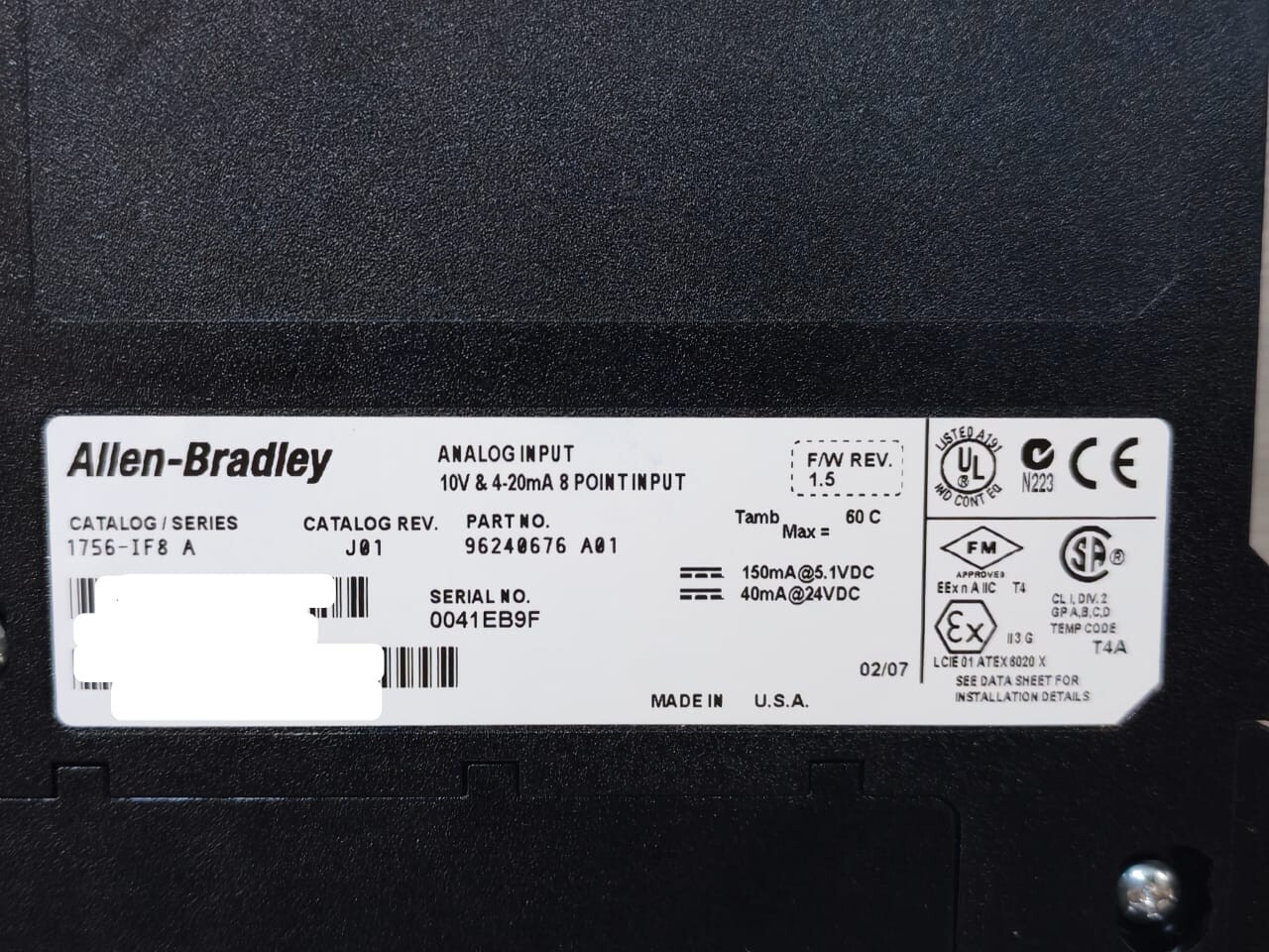 Allen-Bradley 96240676 A01 Allen-Bradley 1756-IF8 A J01 Analog Input 10v& 4-20mA 8 point Input 96240676 A01 2