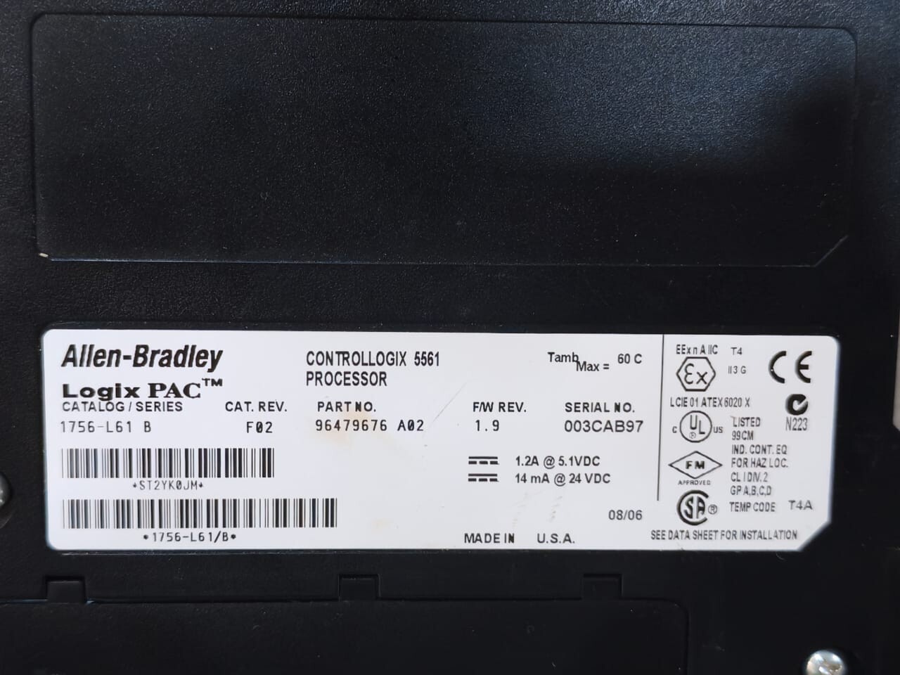 Allen-Bradley 96479676 A02 Allen-Bradley 1756-L61 Ser B. F02 Controllogix 5561 Processor 96479676 A02 5