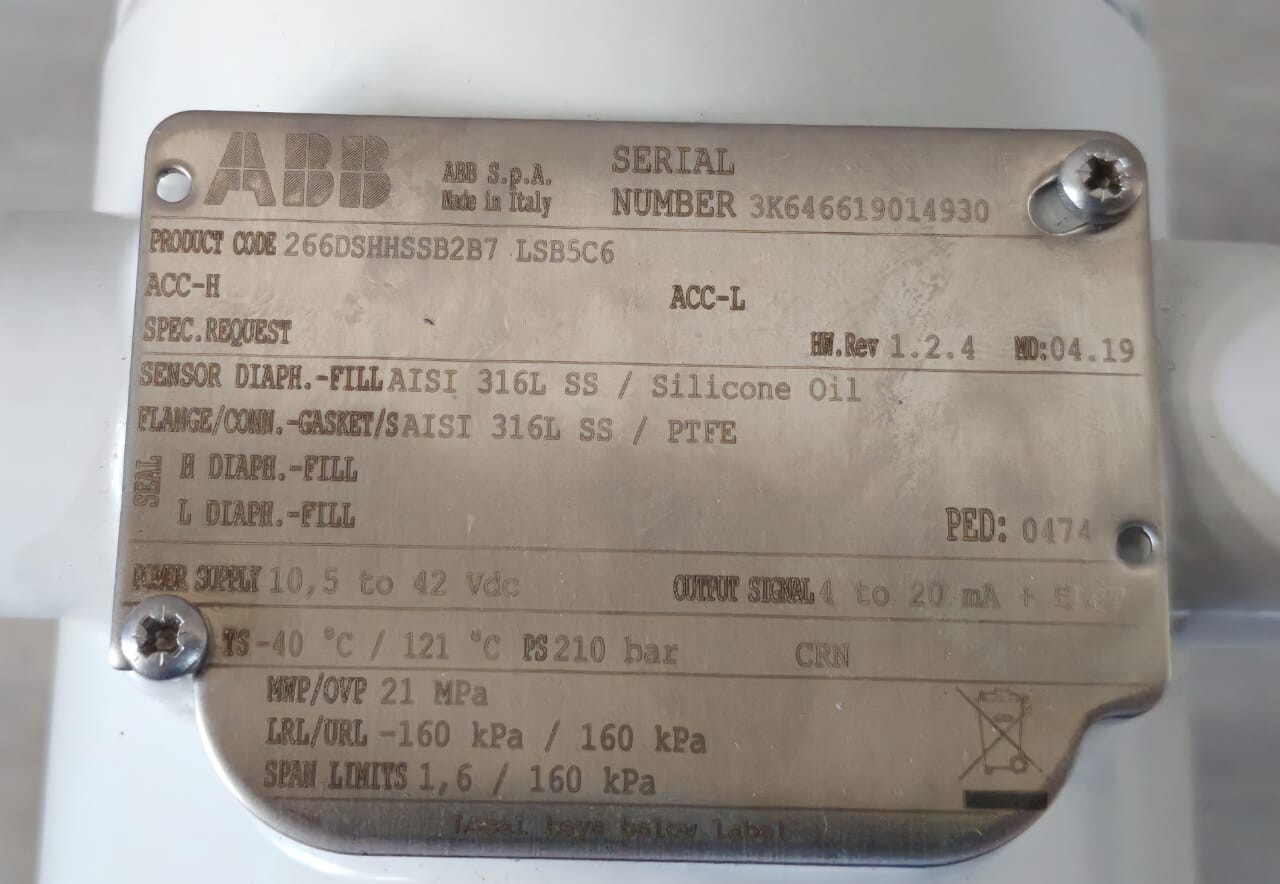ABB 266DSHHSSB2B7 LSB5C6 HW REV 1.2.4 MD:04.19 ABB 2600T 266DSHHSSB2B7 LSB5C6 HW REV 1.2.4 MD:04.19 PRESSURE TRANSMITTER 7