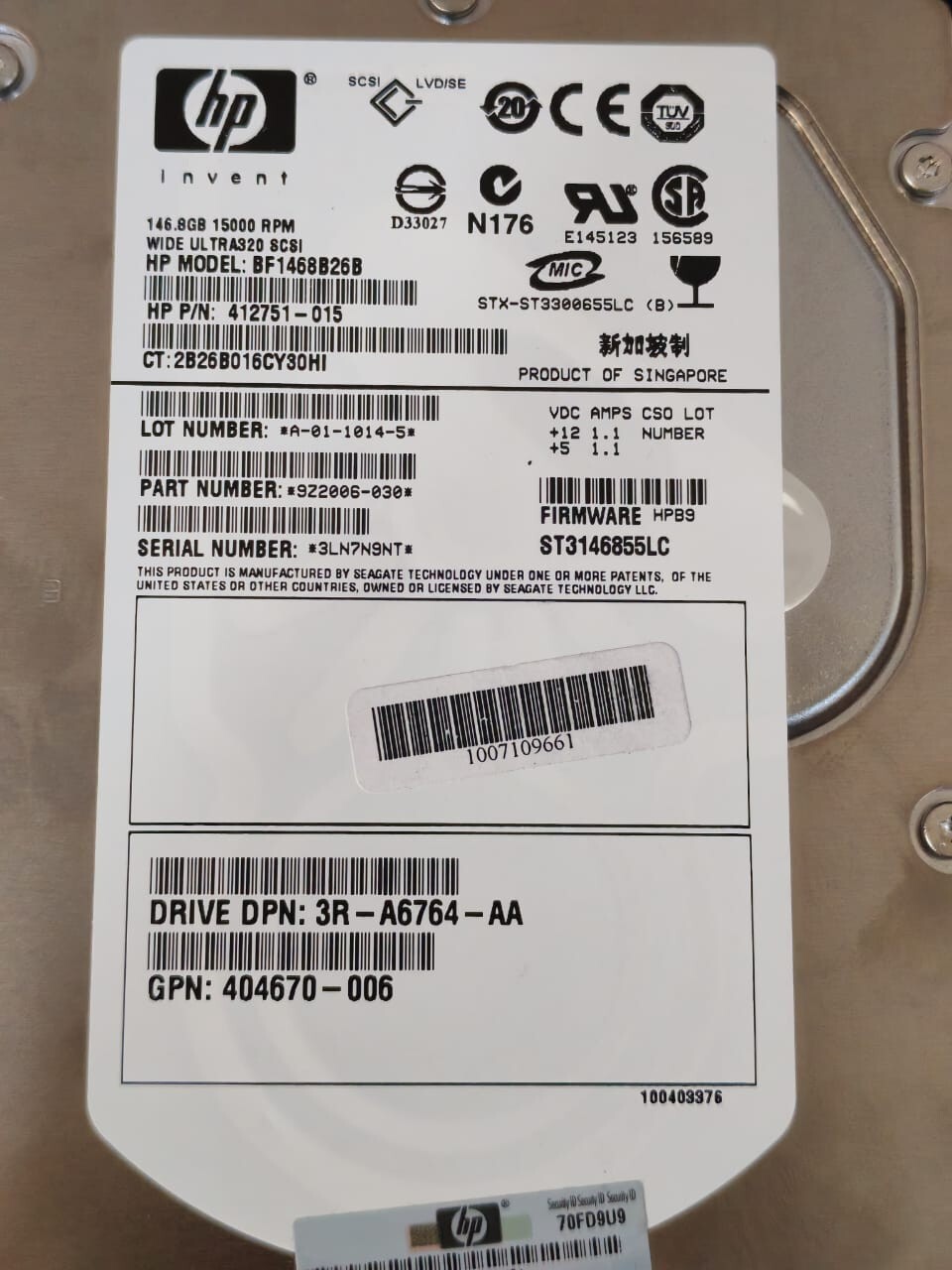 HP ULTRA-320 HP BF1468B26B 412751-015 146-GB 10K ULTRA 320 SCSI HARD DRIVE 6
