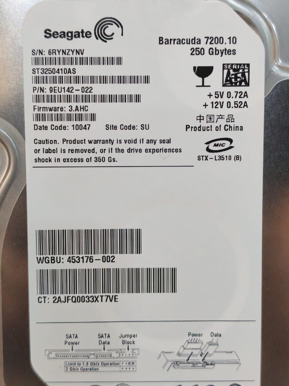 Seagate 9EU142-022 SEAGATE 9EU142-022 F/W 3.AHC BARRACUDA 7200.10 250 GBYTES HARD DRIVE 4