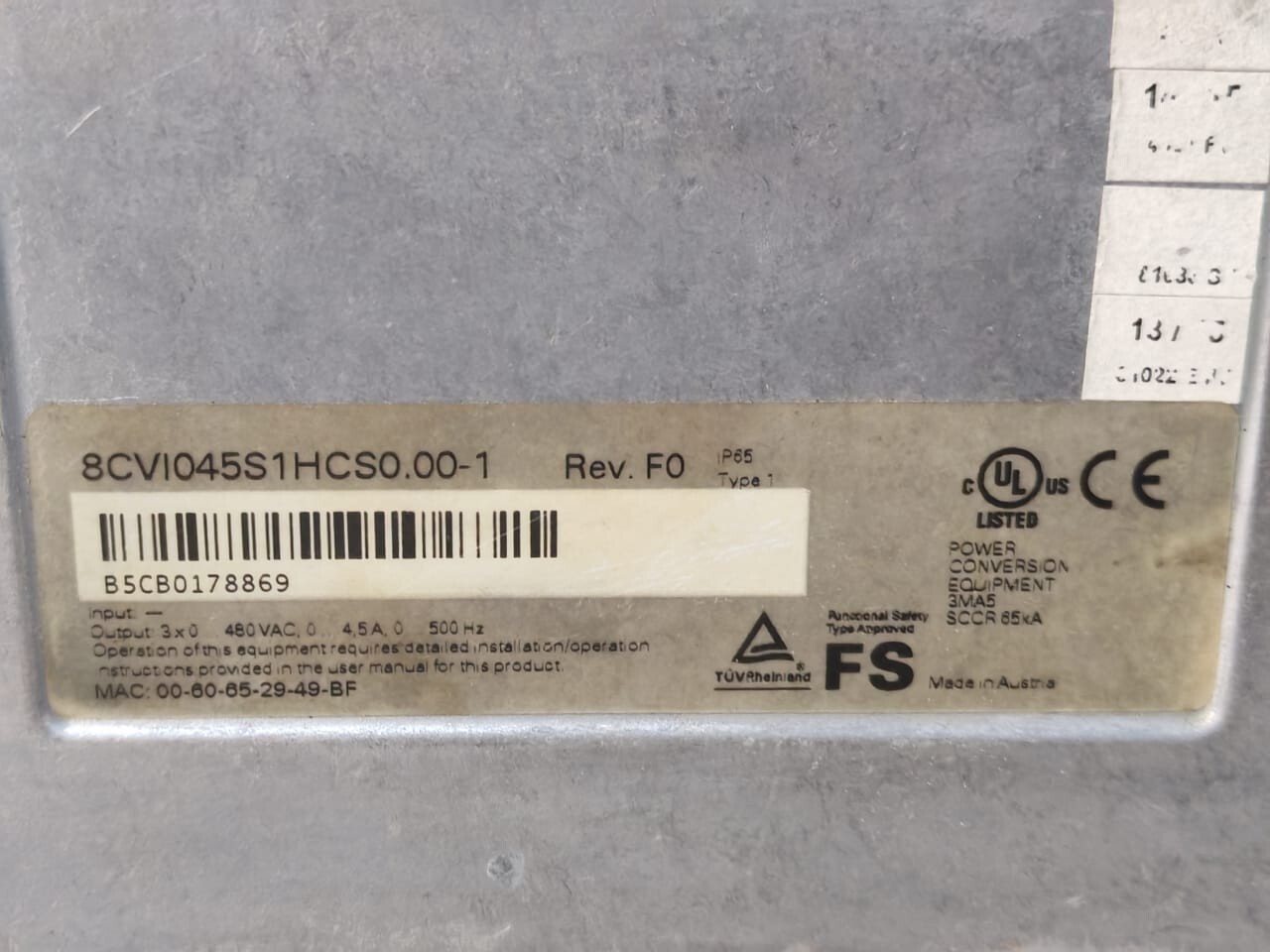ACOPOS MULTI 65 8CVI045S1HCS0.00- 1 REV.F0 ACOPOS MULTI 65 8CVI045S1HCS0.00- 1 REV.F0 INVERTER MODULE 480VAC 6