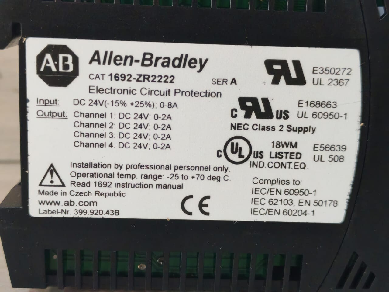 Allen-Bradley 1692-ZR2222 SER.A ALLEN-BRADLEY BULLETIN 1692 1692-ZR2222 SER.A ELECTRIONIC CIRCUIT PROTECTION 24V 9