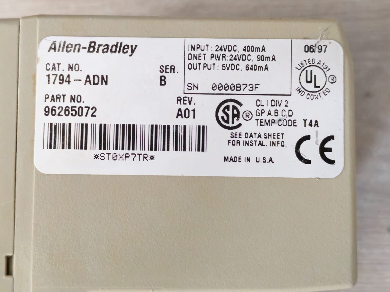 Allen-Bradley 96265072 Allen-Bradley 1794-ADN Ser.B Flex I/O 24 VDC Adapter 96265072 Rev.A01 5