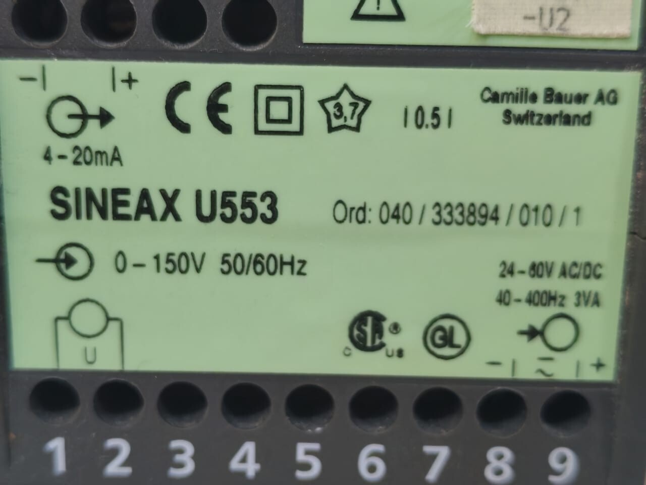 CAMILLE BAUER SINEAX U553 CAMILLE BAUER SINEAX U553 VOLTAGE TRANSDUCER 0-150V 50/60Hz 2
