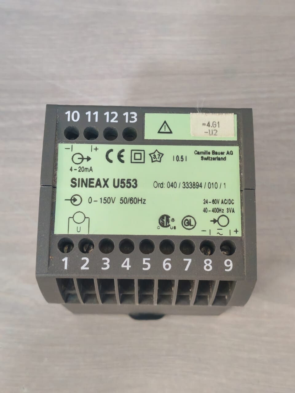 CAMILLE BAUER SINEAX U553 CAMILLE BAUER SINEAX U553 VOLTAGE TRANSDUCER 0-150V 50/60Hz 3