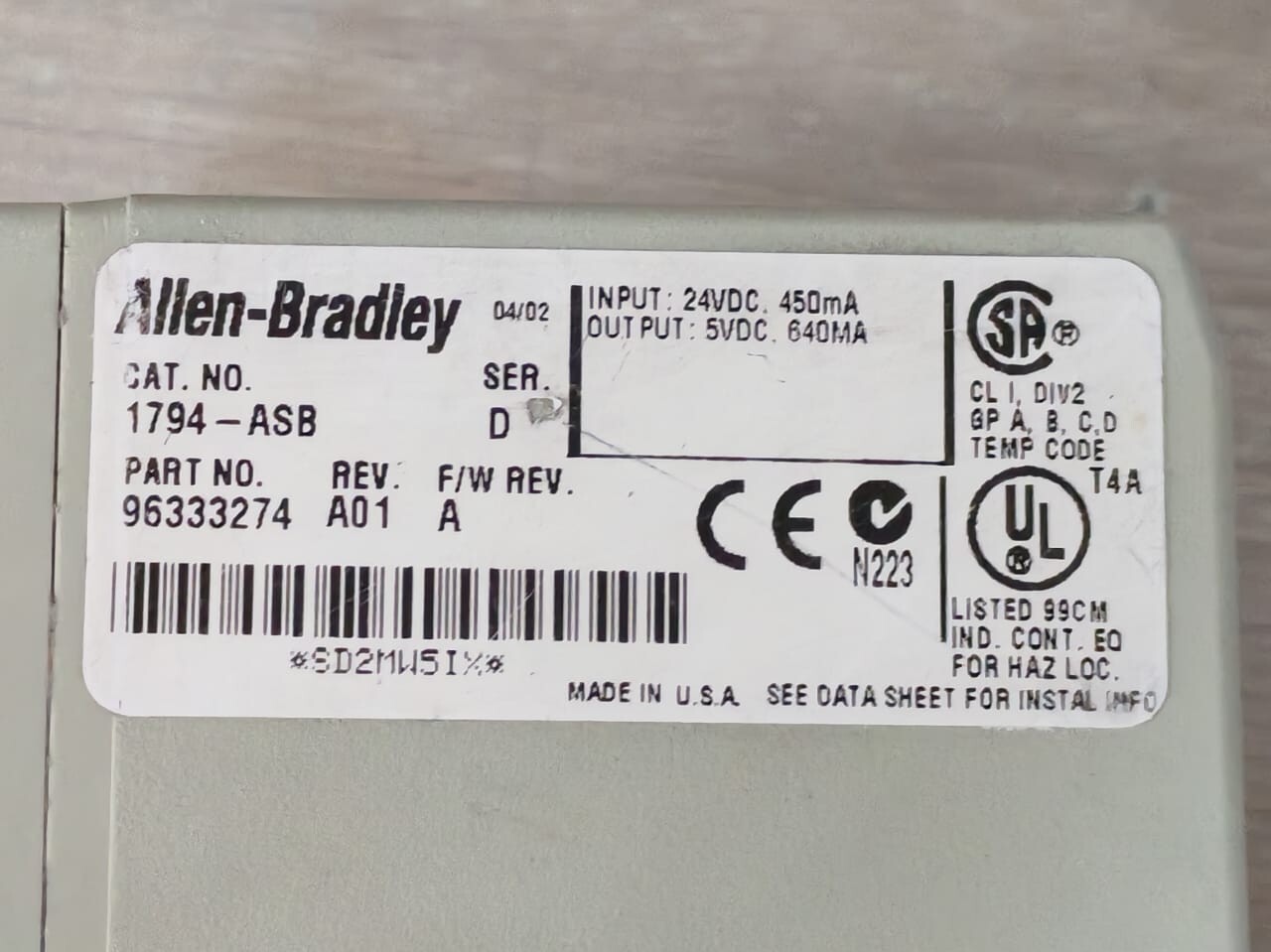 Allen-Bradley 96333274 Allen-Bradley 1794-ASB Ser.D Power Supply Rio Adapter 96333274 Rev A01 F/W Rev.A 3