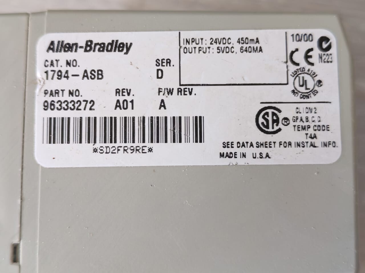 Allen-Bradley 96333272 Allen-Bradley 1794-ASB Ser.D Power Supply Rio Adapter 96333272 Rev A01 F/W Rev A 3