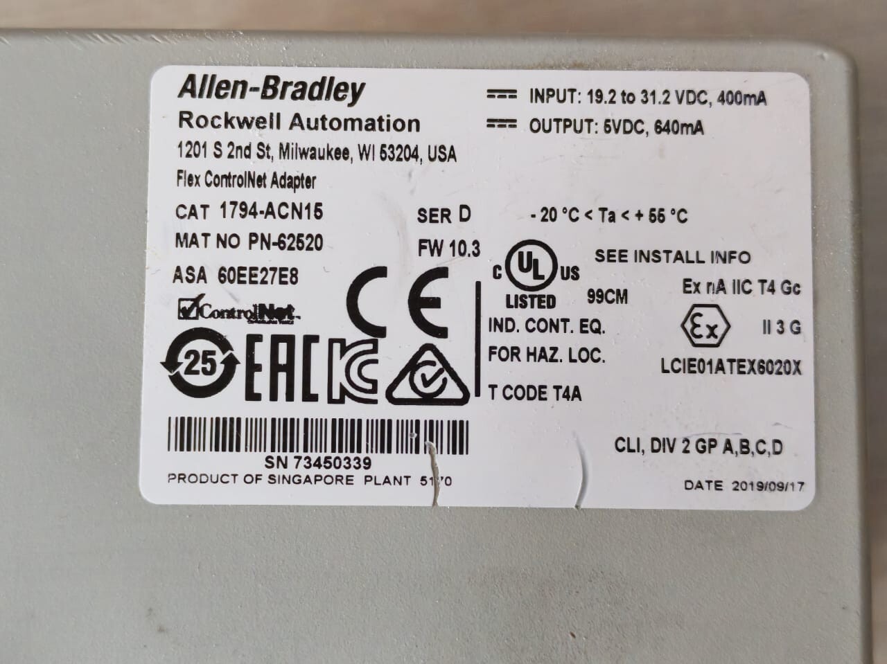 Allen-Bradley PN-62520 Allen-Bradley 1794-ACN15 Ser D ControlNet Adapter PN-62520 F/W 10.3 2